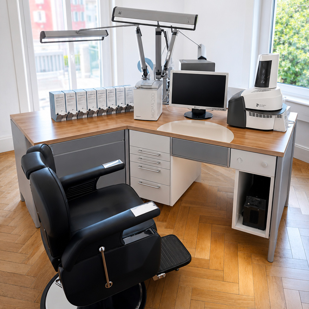 Laboratoire dentaire moderne avec équipements de CFAO et postes de travail soignés